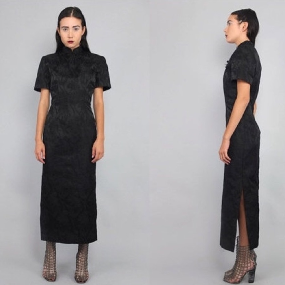 Vintage black floral satin cheongsam maxi dress